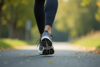 Coureuse en pronation avec chaussures running montrant l'usure intérieure de la semelle lors de la foulée en parc urbain