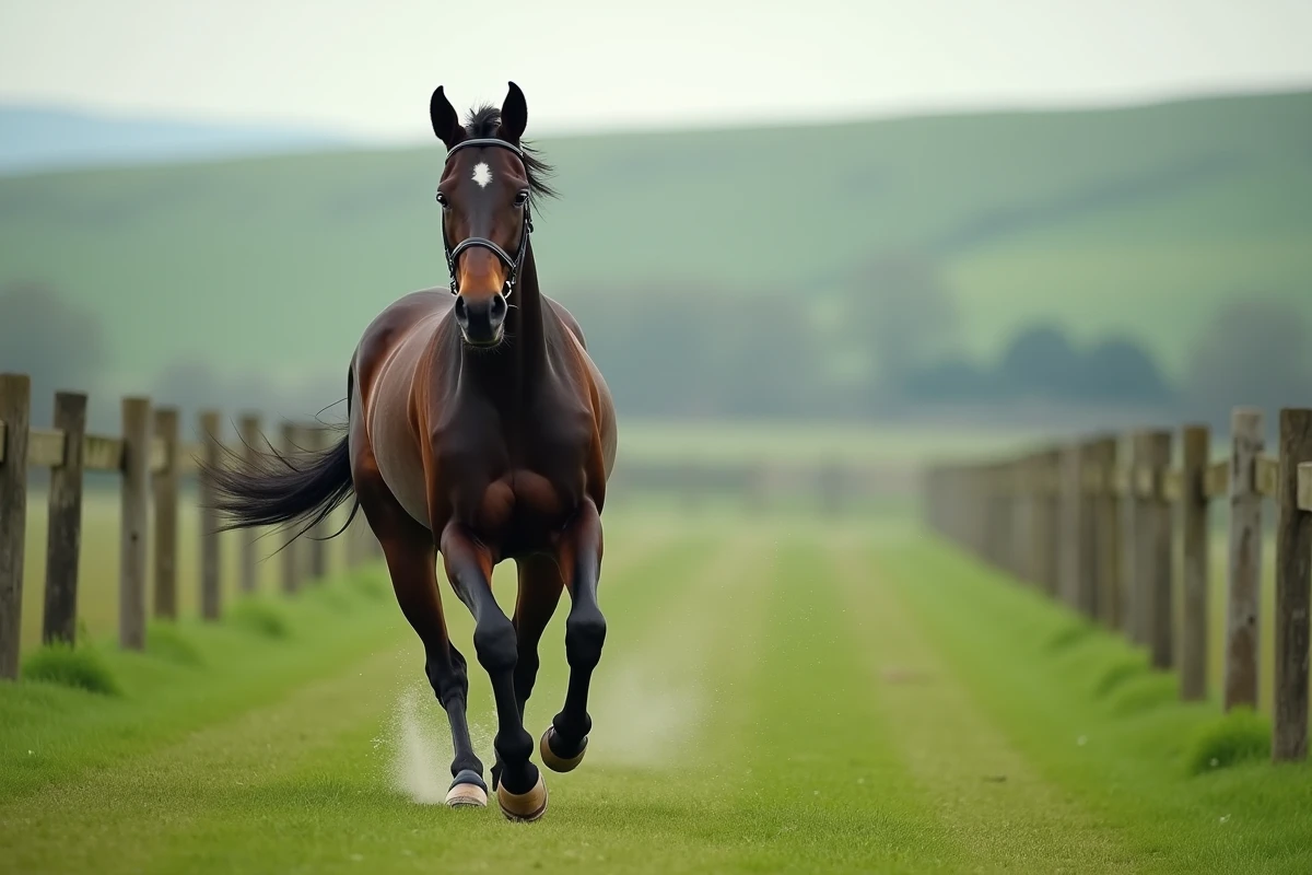 Cheval de race pur-sang bai foncé au galop libre sur un hippodrome d'entraînement herbeux
