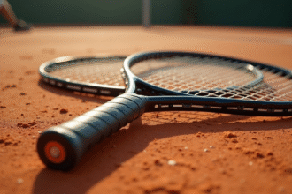 Zoom sur deux raquettes de tennis sur un court en terre battue ensoleille