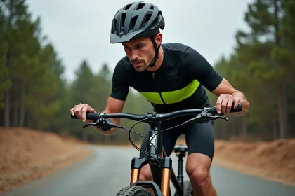 Cycliste VTT réglant la fourche Manitou Comp sur son vélo hardtail avant une sortie XC en forêt