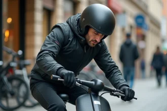 Homme réglant le frein de sa trottinette électrique Urban Glide 140 sur un trottoir urbain