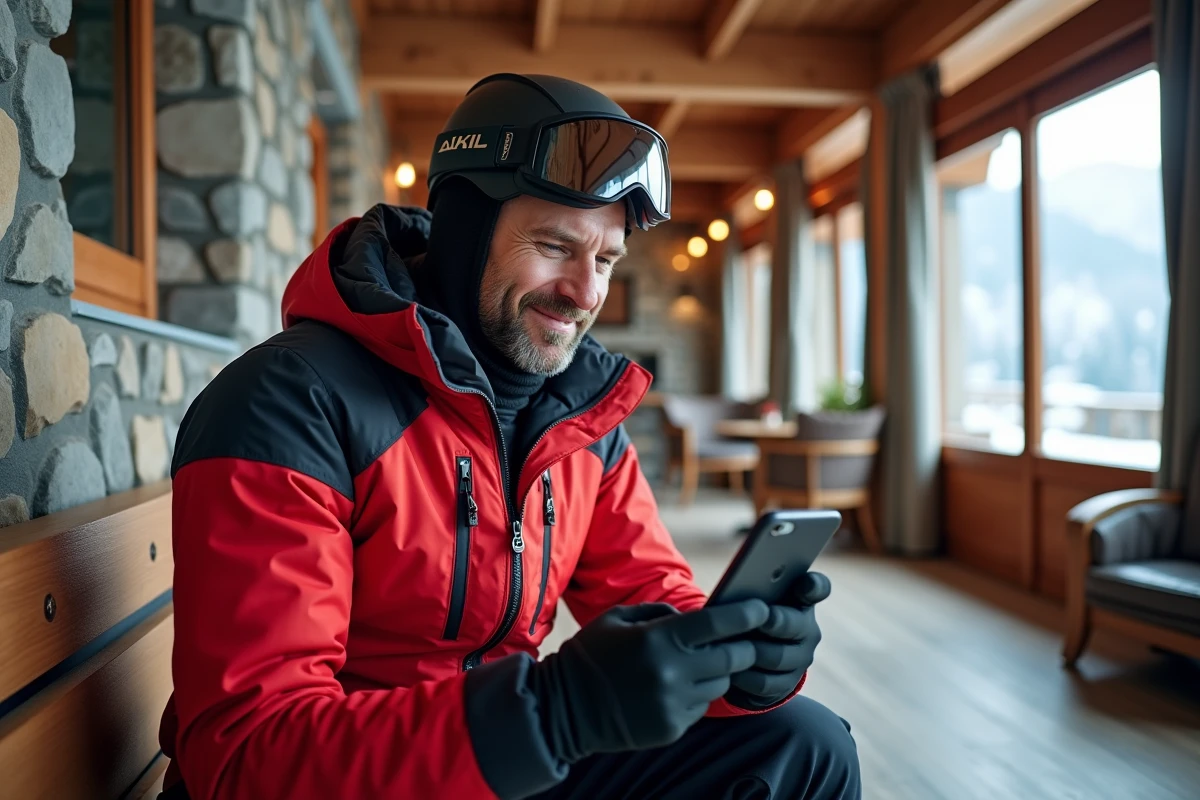 Skieur réservant son forfait aux Sept Laux sur smartphone depuis le chalet pour éviter les files