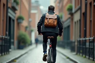 Cycliste urbain utilisant un vélo à rétropédalage sur des pavés mouillés en ville lors de son trajet domicile-travail