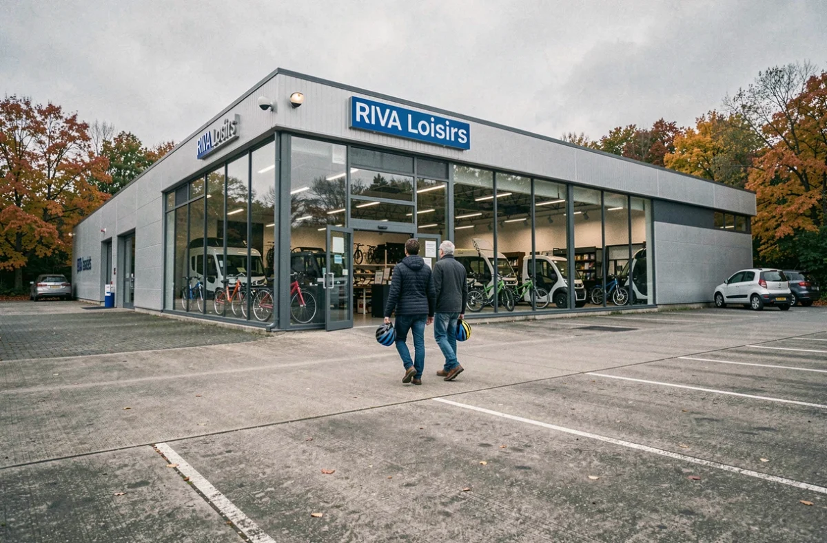 Devanture de Riva Loisirs en Normandie avec un couple se dirigeant vers l'entrée du magasin de loisirs et vélos