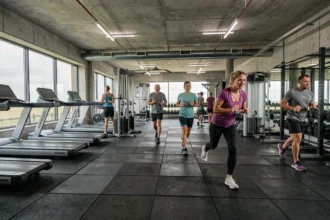 Vue panoramique d'une salle de sport moderne dans le Finistère avec équipements variés et adhérents en plein entraînement