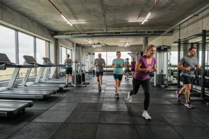 Vue panoramique d'une salle de sport moderne dans le Finistère avec équipements variés et adhérents en plein entraînement