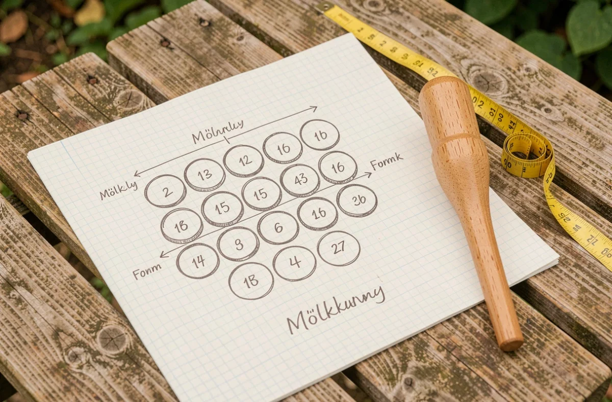 Schéma dessiné à la main de la disposition officielle des quilles de Mölkky avec distances mesurées, posé sur une table en bois avec un manche de lancer et un mètre ruban