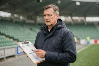 Scout de football professionnel analysant des statistiques de joueurs en bord de terrain dans un stade européen, dans le cadre des rumeurs de transfert du FC Nantes pour 2026