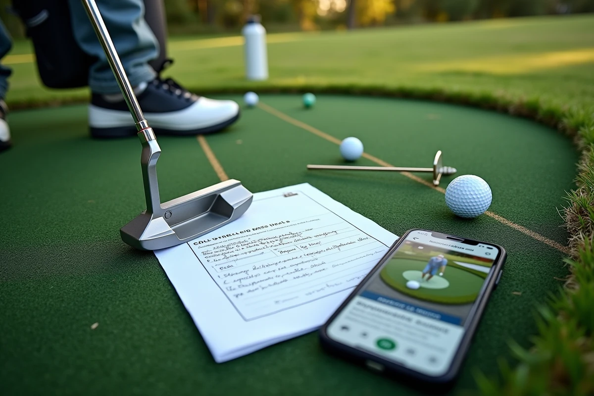 Vue rapprochée d'un setup de séance de putting avec putter, balle, fiche d'exercices et application golf sur smartphone