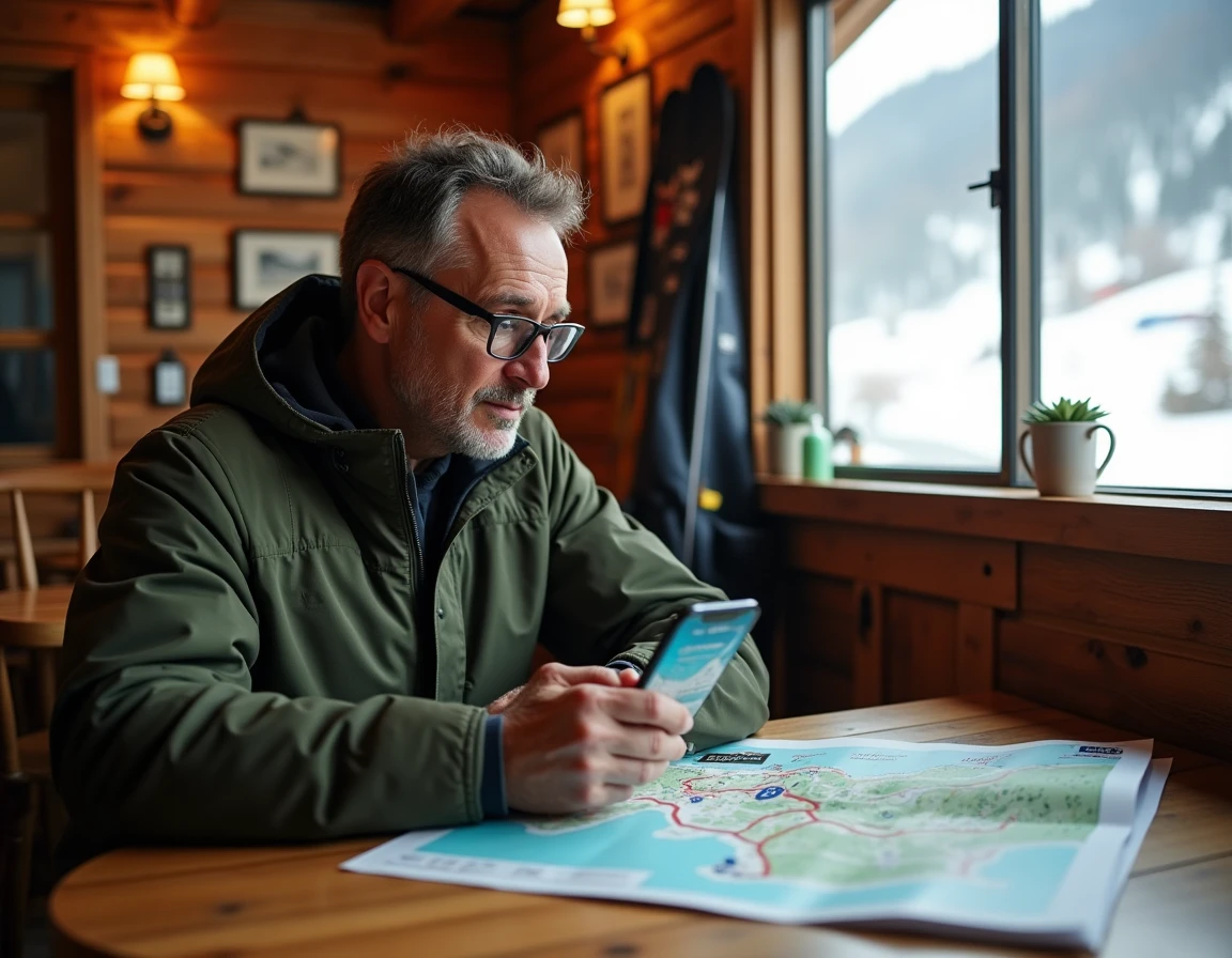 Skieur comparant les options de forfait et de domaine élargi aux Deux Alpes sur une carte et une application mobile