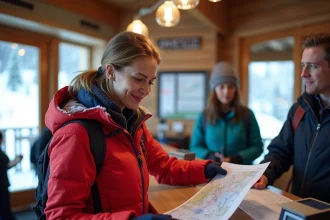 Skieuse consultant un forfait de ski au guichet de la station des Deux Alpes avant de choisir son domaine