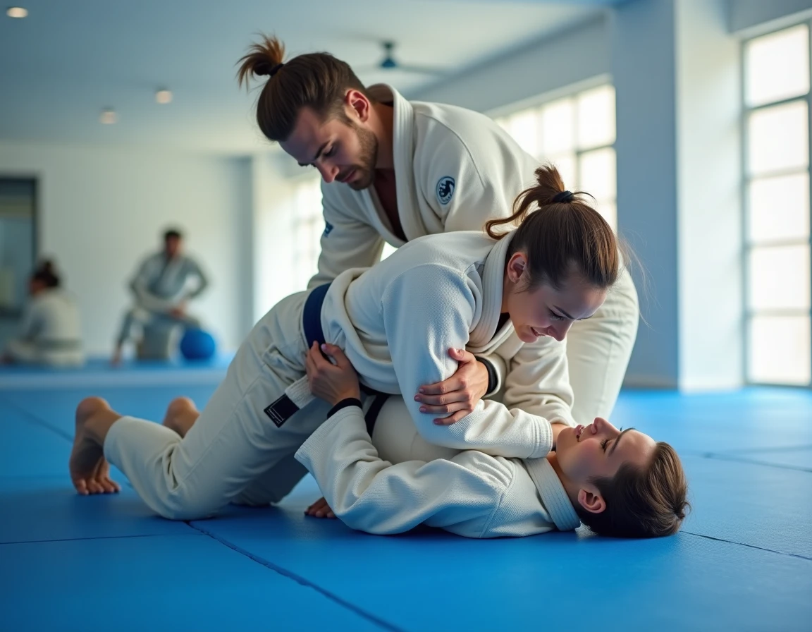 Deux pratiquants de jiu-jitsu en kimono d'été léger lors d'un sparring au sol dans un dojo intérieur moderne