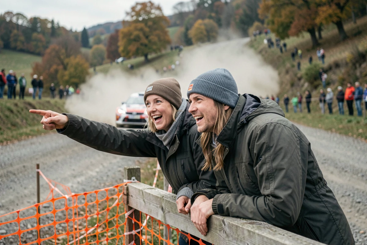 Deux spectateurs enthousiastes au bord d'une spéciale de rallye sur chemin de terre, nuage de poussière et foule en arrière-plan