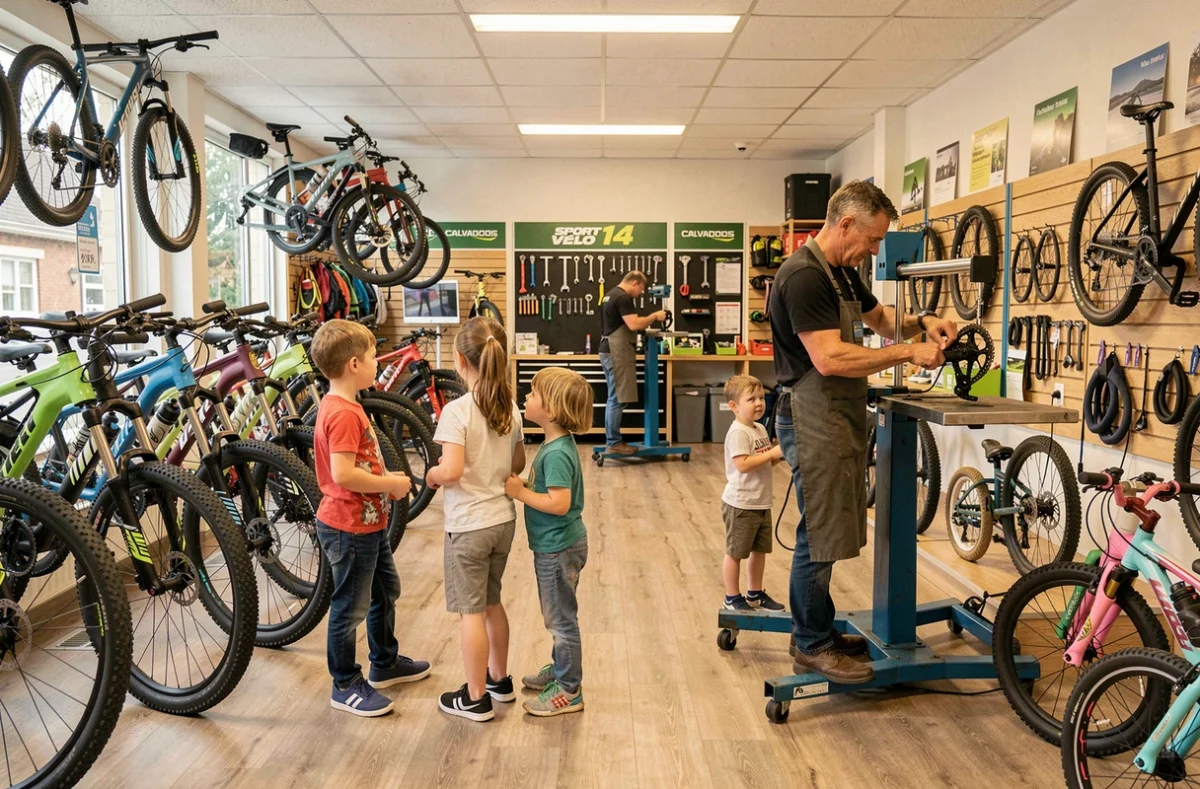 Intérieur de Sport Vélo 14 avec des vélos en exposition et un mécanicien travaillant sur un vélo en atelier