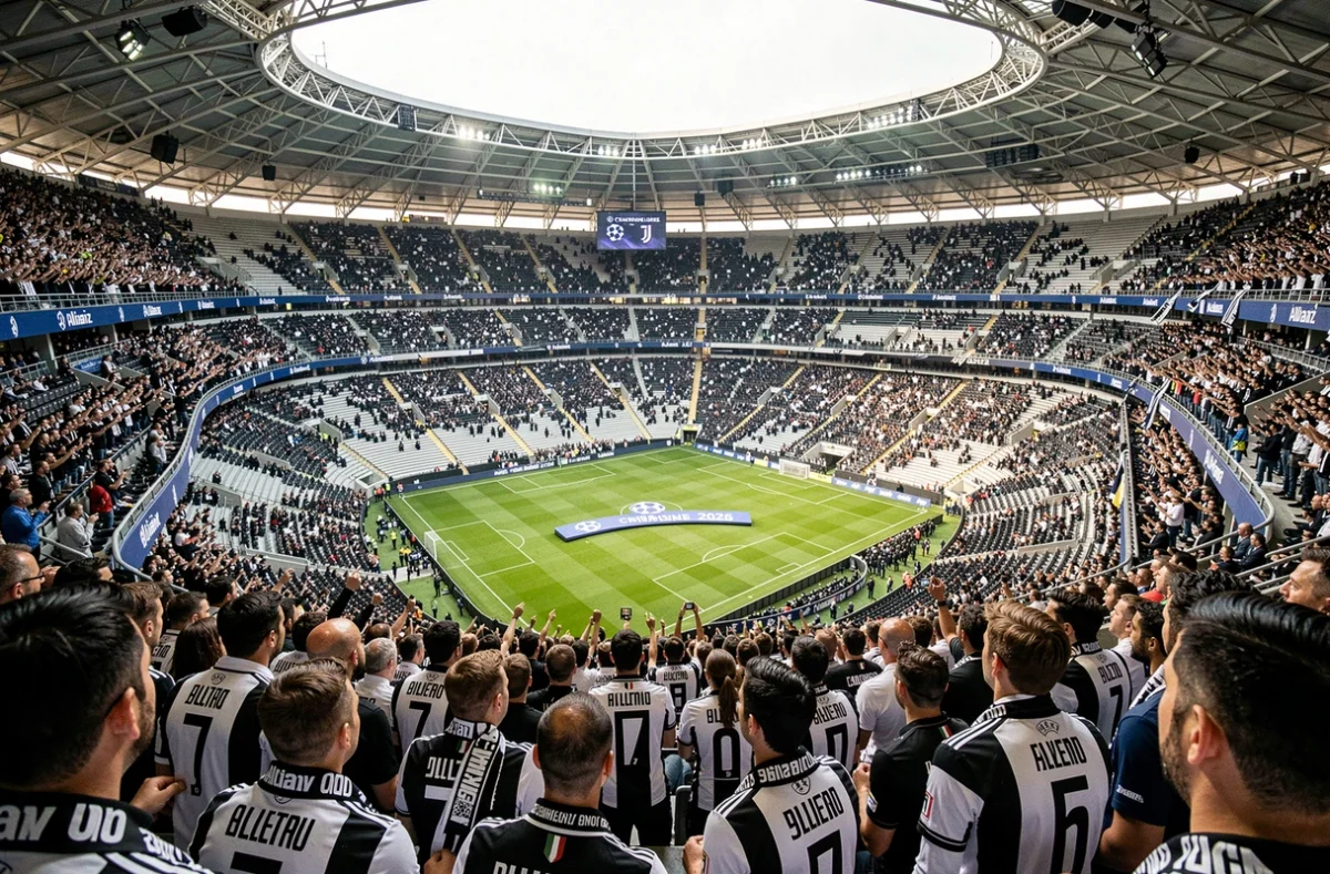 Vue intérieure de l'Allianz Stadium de Turin rempli de supporters de la Juventus pour un match de Ligue des champions 2026