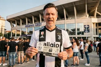 Supporter de la Juventus tenant un billet pour la Ligue des champions 2026 devant l'Allianz Stadium de Turin