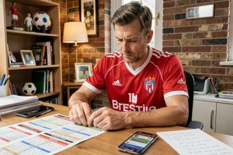 Supporter du Stade Brestois consultant un forum de football sur smartphone à son bureau