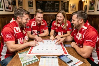 Supporters de rugby U20 planifiant leur calendrier de matchs autour d'une table de pub pour la Coupe du monde 2026