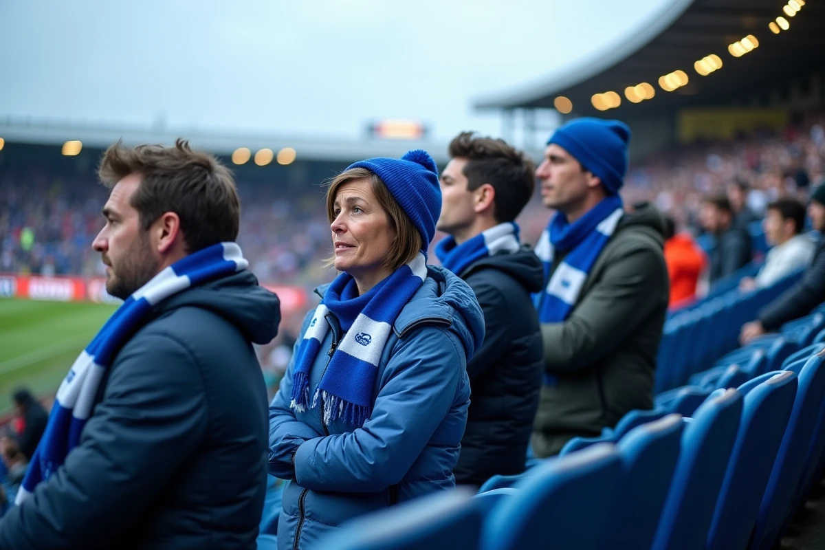 Supporters du RC Strasbourg dans les tribunes suivant avec anxiété le classement lors d'un match crucial pour le maintien