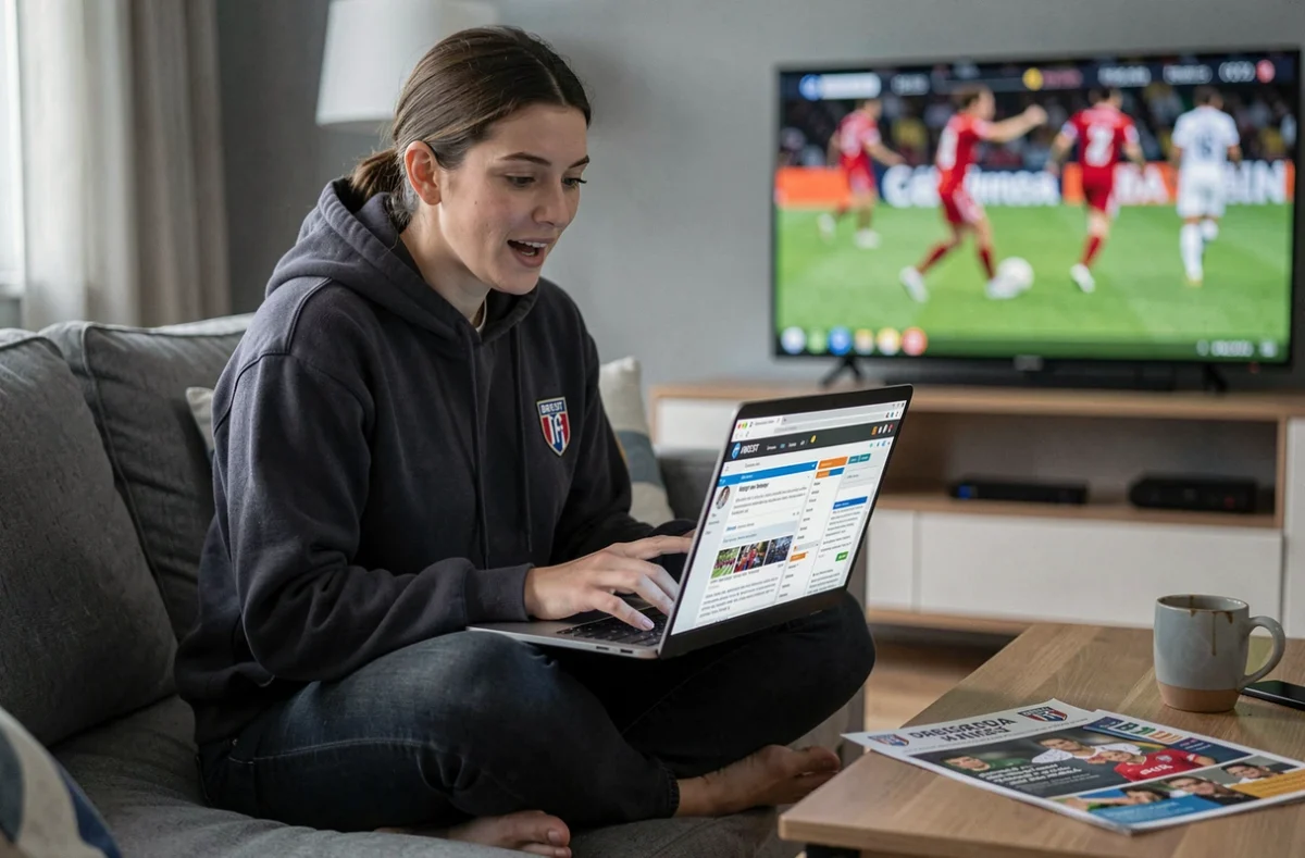 Supportrice du Stade Brestois 29 consultant un forum football sur ordinateur portable dans son salon