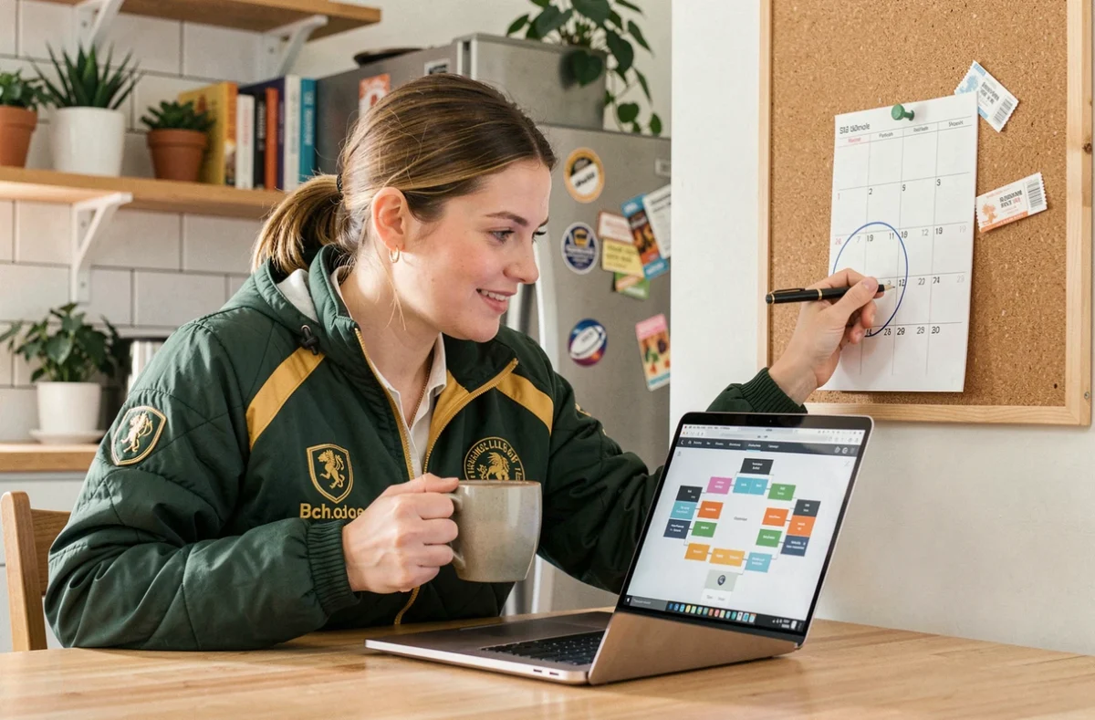 Supportrice de rugby planifiant les matchs U20 de la Coupe du monde 2026 depuis son domicile avec calendrier et ordinateur
