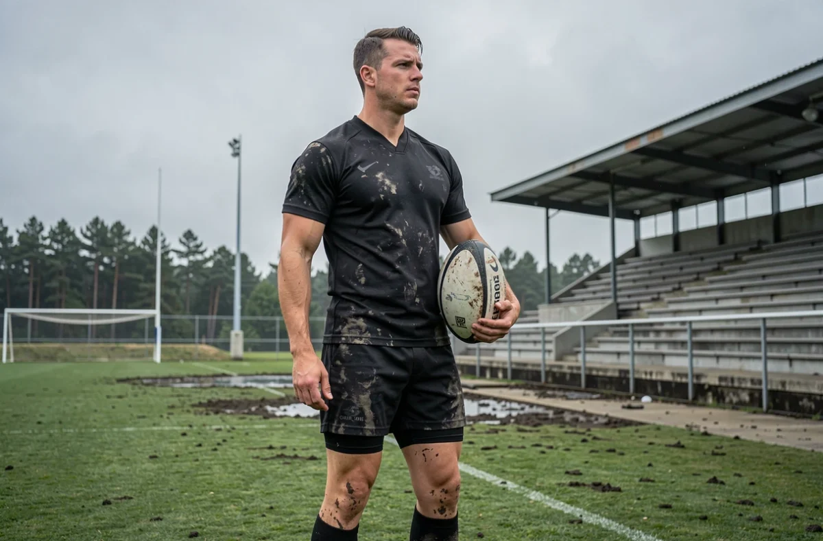 Rugbyman des All Blacks sur terrain d'entraînement désert, ballon sous le bras, symbolisant les joueurs injustement méconnus
