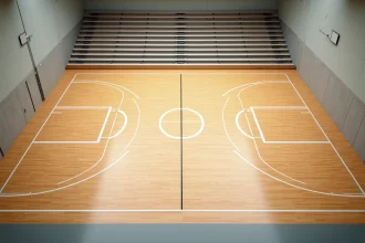 Vue aérienne d'un terrain de handball intérieur avec toutes les lignes réglementaires peintes sur parquet, zones de but et lignes de jet franc visibles