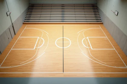 Vue aérienne d'un terrain de handball intérieur avec toutes les lignes réglementaires peintes sur parquet, zones de but et lignes de jet franc visibles