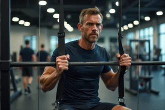 Homme assis à une machine de tirage poulie dos dans une salle de sport moderne, illustrant les risques de blessures aux épaules lors du tirage