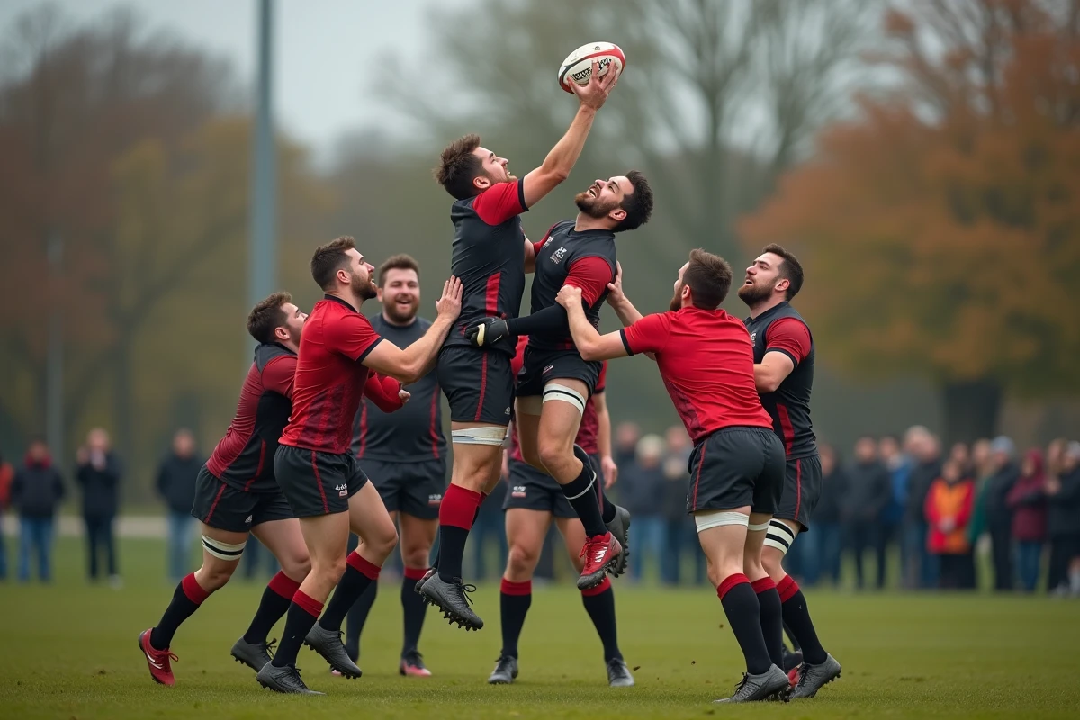 Touche disputée lors d'un match de rugby Fédérale 3, deux équipes en confrontation sur un terrain de province