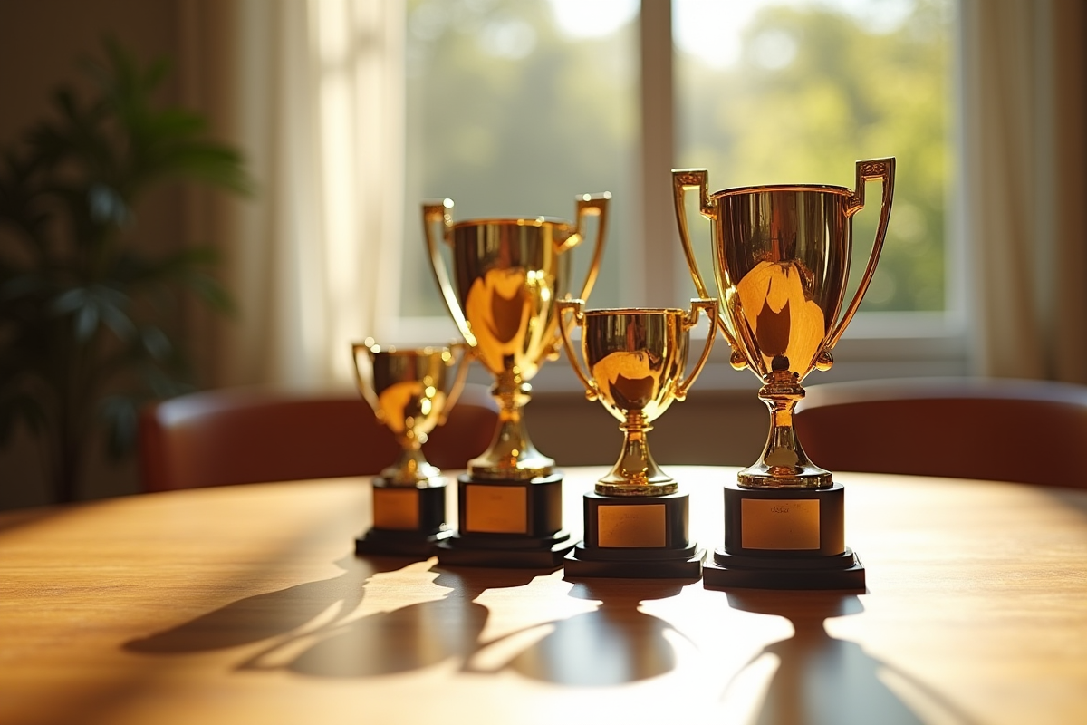 Trophées de tennis iconiques sur une table en bois brillant