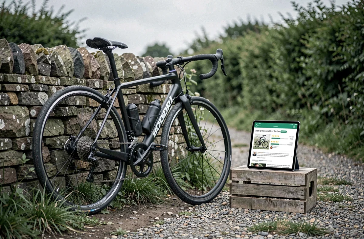 Vélo de route posé contre un mur en pierre à côté d'une tablette affichant des avis Deporvillage en ligne