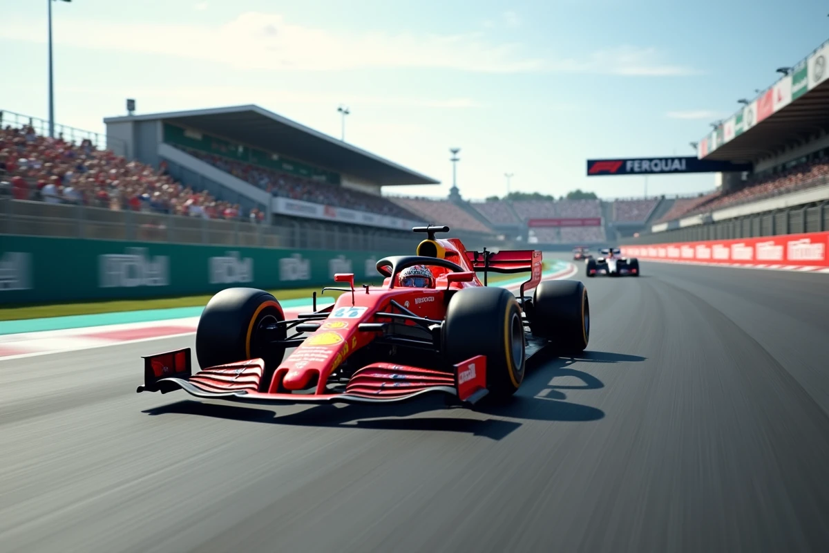 Voiture de Formule 1 en pleine courbe sur circuit, prise de vue basse angle saisissant la vitesse et les détails aérodynamiques